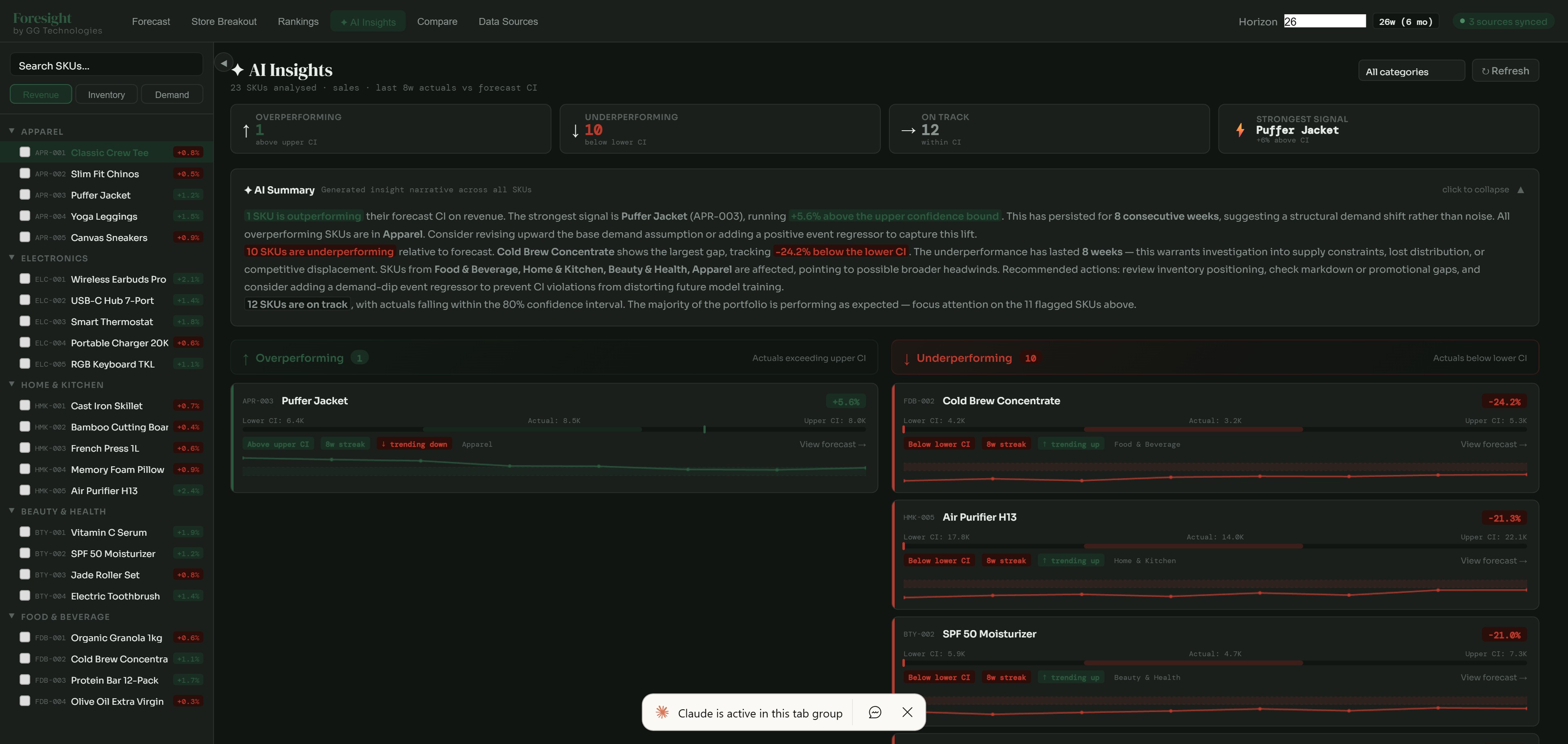 AI-Powered Insights showing overperforming and underperforming SKU analysis