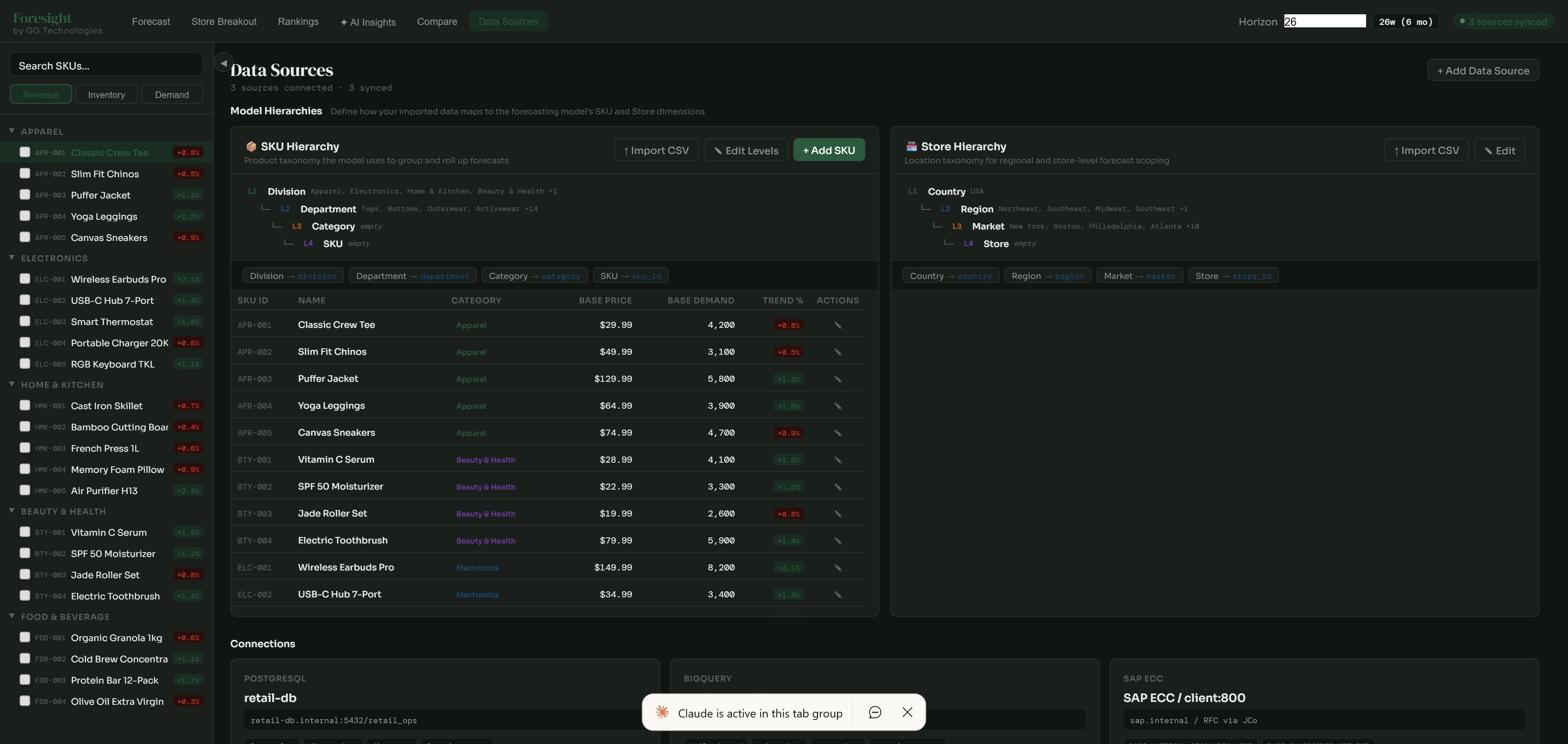 Data Source Management showing connected integrations and data sync status